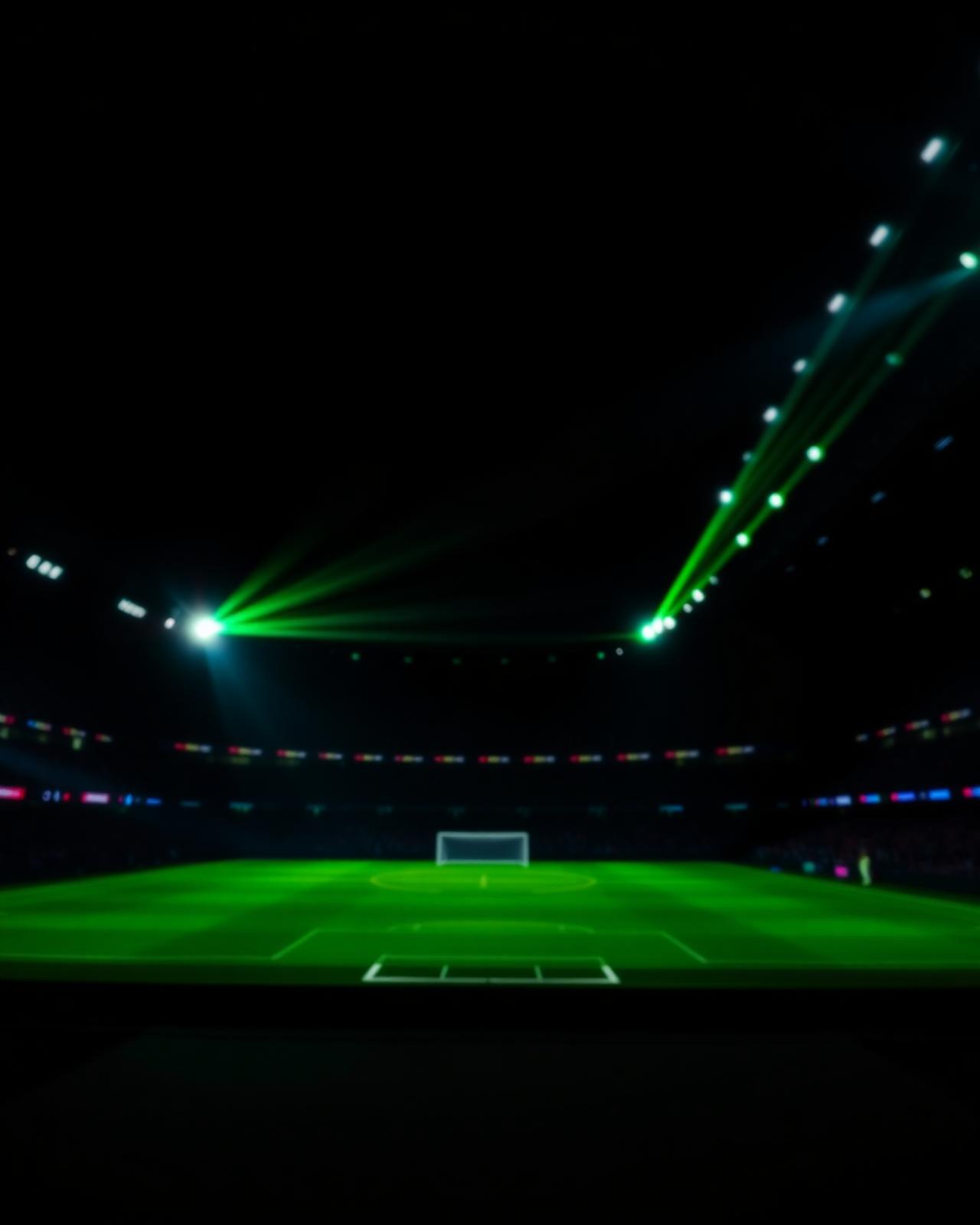 Estadio de fútbol iluminado con luces verdes de neón